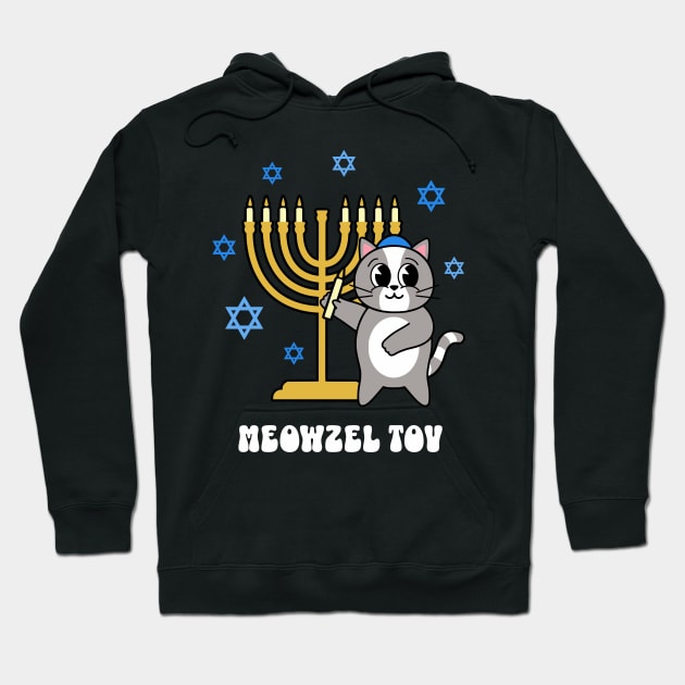 Meowzel Tov Funny Hanukkah Cat with Menorah Hoodie by PUFFYP